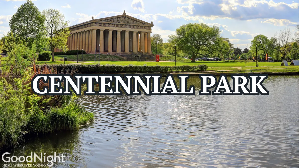 A serene lake reflecting the iconic Parthenon-like structure in Centennial Park, surrounded by lush greenery and open walking paths. The vibrant park setting hints at seasonal activities such as picnicking, festivals, and outdoor yoga.