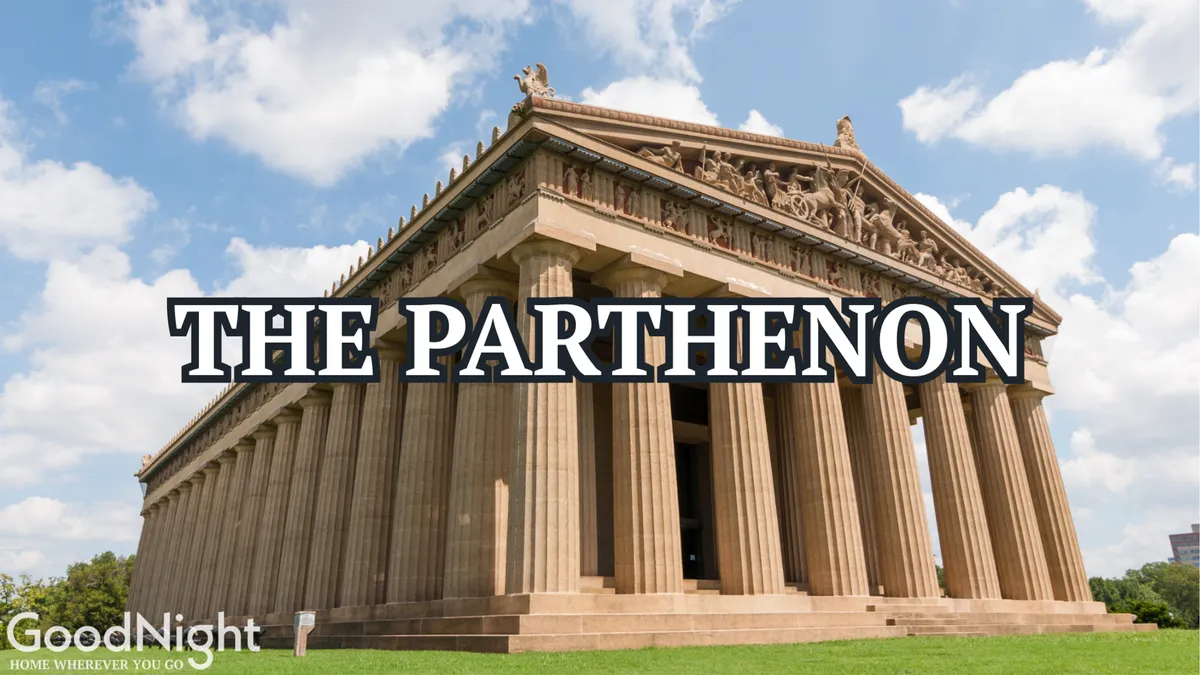 This exterior image features the majestic Parthenon structure, detailed roof sculptures, and an expanse of green grass surrounding the landmark. Families and children are often seen exploring and playing on the lush grounds.