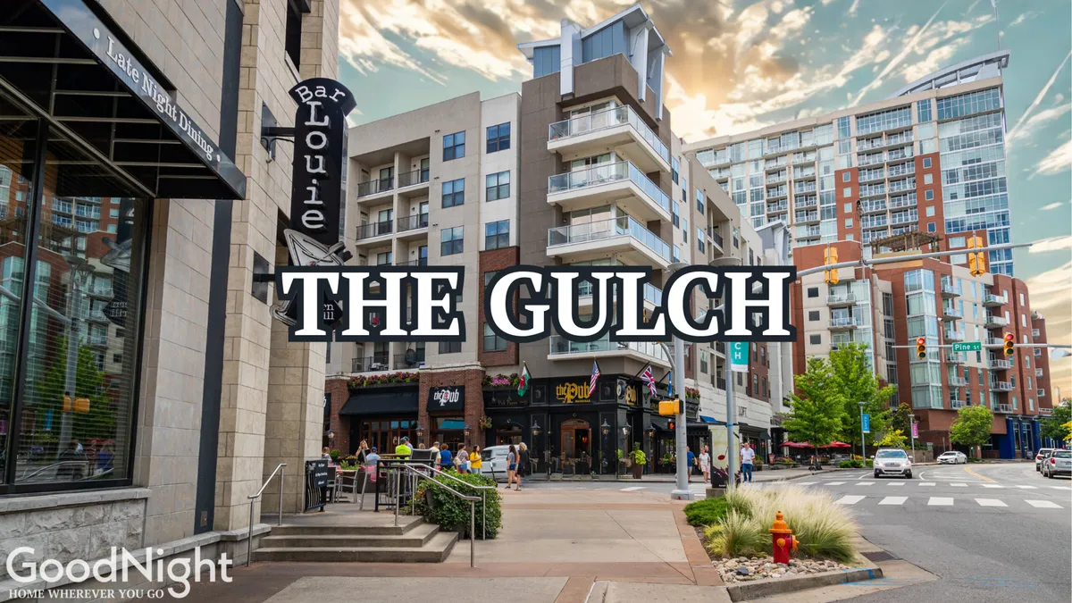This exterior image features Bar Louie, The Gulch signage, and modern buildings in a lively urban setting. People can be seen enjoying dining, socializing, and exploring the area, capturing the essence of Nashville’s upscale shopping and dining scene.