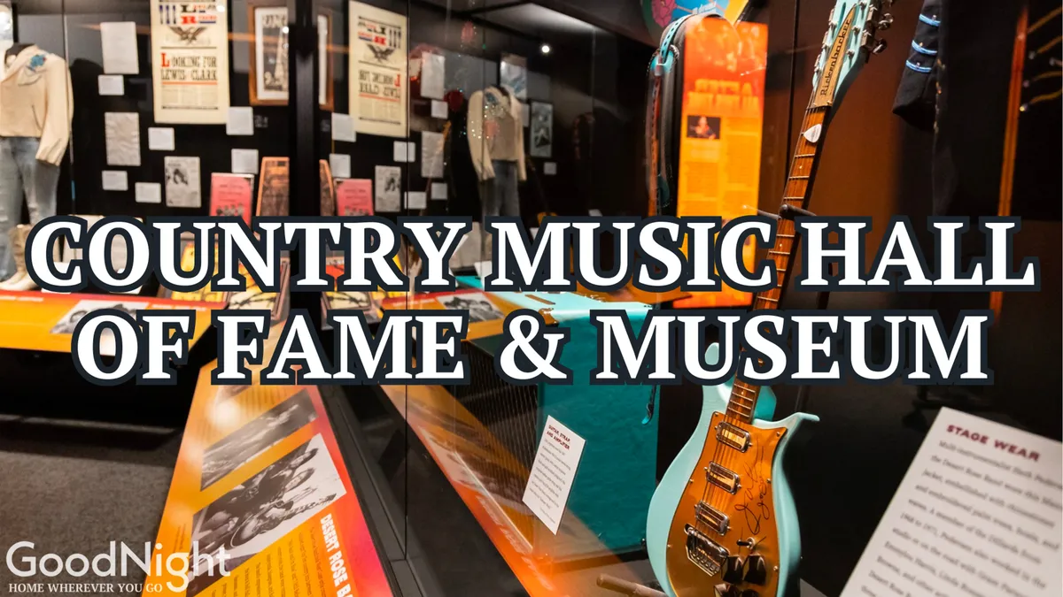 An interior shot from a museum exhibit featuring a guitar, stage wear, display cases, and informative panels focused on music history. The scene evokes curiosity and the city's famous musical heritage.